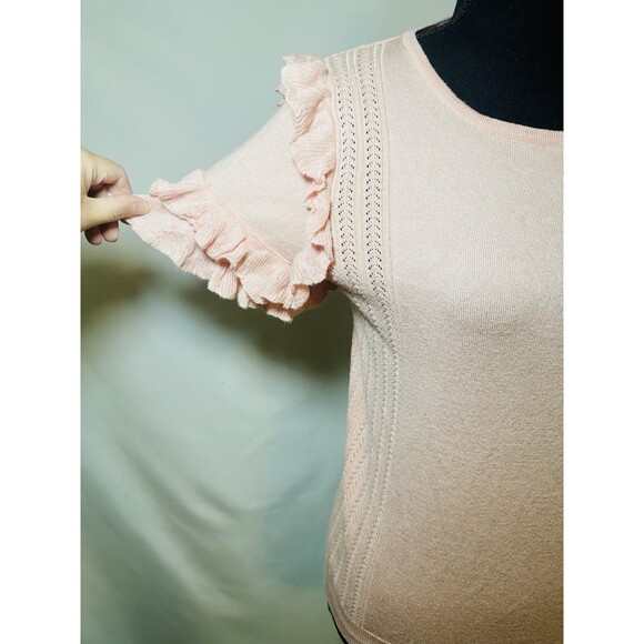 Mimi +‎ Daphne Pink Short Sleeve Ruffled Sweater Top Thin Semi Sheer Women's M - Picture 5 of 10